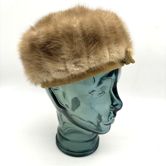 Vintage 60s Betmar Brown Genuine Fur Suede Bow Pillbox Hat USA Union Made